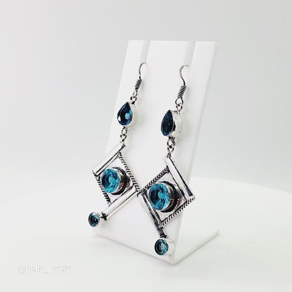 Unique Blue Topaz Handmade Drop Dangle Earrings Jewelry 2.95" - Picture 1 of 7